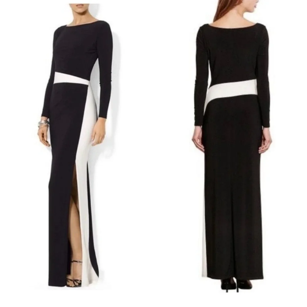 Lauren Ralph Lauren Dark Navy Cream Colorblock Maxi Gown 8 Long Sleeve Elegant - Picture 2 of 12